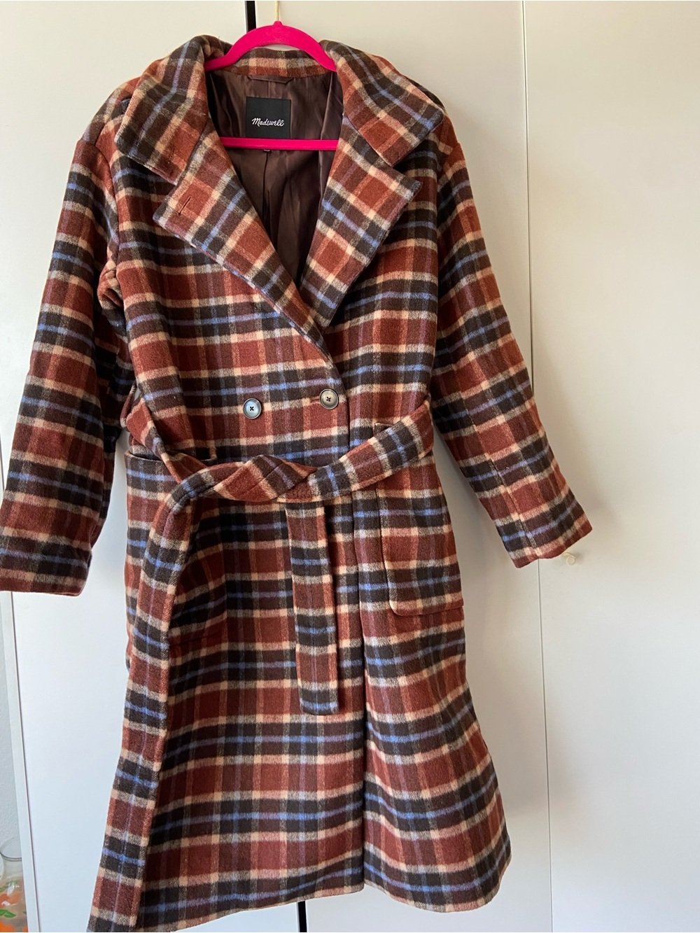 Madewell Plaid Wool-Blend Belted Trench in Brown and Blue
